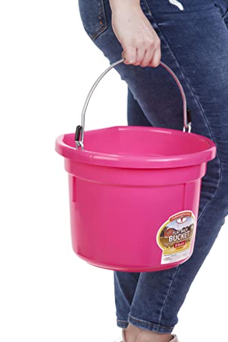 Little Giant® Flat Back Plastic Animal Feed Bucket | Horse Stall Bucket with Metal Handle | Horse Stable Feeding and Watering Supplies | 8 Quarts | Hot Pink