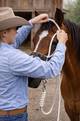 CHALLENGER Nylon Horse Western Rope Braided Halter Lead Beaded Noseband 606RTBeadedWhite - color: White/Turquoise