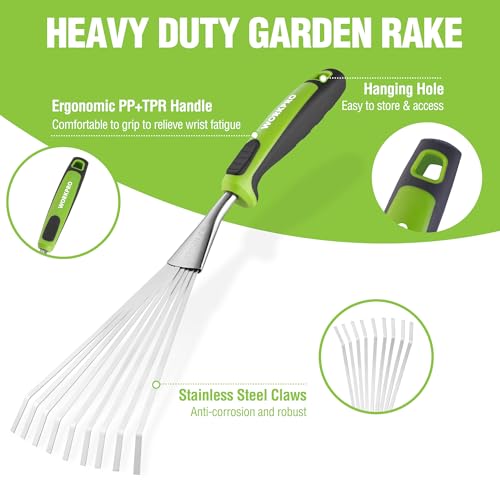 WORKPRO 16" Hand Rake, Garden Rake with Soft Handle | Heavy Duty Stainless Steel Small Garden Hand Tool for Gardening, Cultivating, Loosening Soil & Spreading Mulch, Flower Beds