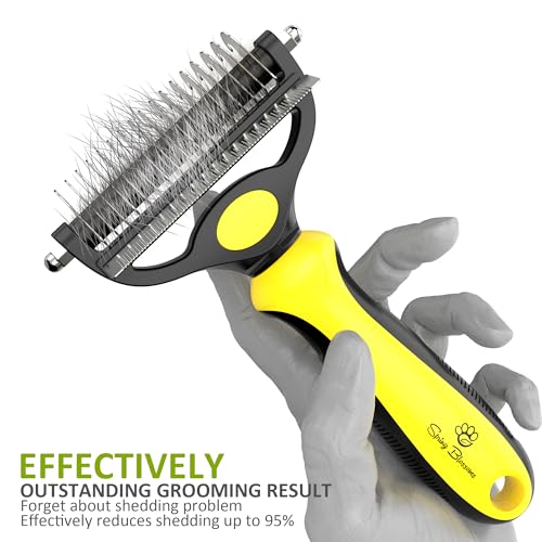 Spring Blossoms-2 in 1 Professional Grooming Rake for Cats & Dogs-Dematting Comb for Easy Mats & Tangles Removing,Pet Brush Safe No More Nasty Shedding and Flying Hair (Lemon Yellow) - color: Lemon Yellow
