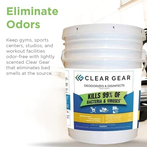 Clear Gear Disinfectant, Mat Cleaner, and Deodorizer For Surfaces 5 Gallon | Equipment, Protective Gear and Facilities, Hospital Grade Disinfectant, 5 Gallon Bulk Gym Cleaning Supplies - size: 640 Fl Oz (Pack of 1)