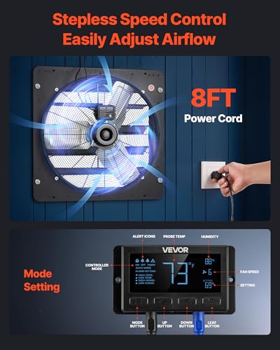 VEVOR 24 inch Exhaust Fan, Wall Mounted Attic Fan with Variable Speed, Temperature & Humidity Controller, 4800 CFM, Automatic Shutter - size: 24 Inch