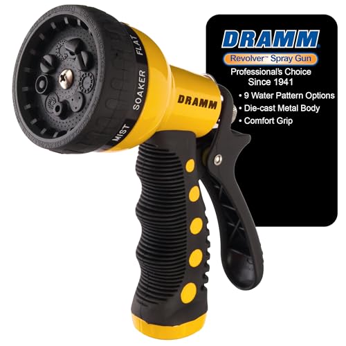 Dramm Revolver Heavy Duty Metal Garden Hose Nozzle – 9 Spray Patterns, High Pressure Jet, Thumb-Control Flow, Ergonomic Grip – Yellow - color: Yellow, size: No Size (Single), style: 9-Pattern Revolver