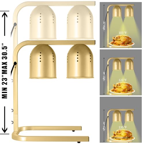 Food Heat Lamp with 2 x 250W Bulbs, 5000+ Hour Lifespan, Gold | 12"×20" Warming Area, UL-Tested, Adjustable Height Stand 22"-30", Commercial & Home Use Restaurant Buffet Bakery Catering - color: Gold