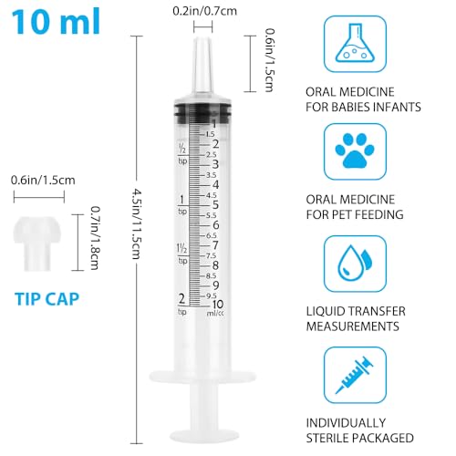 5 Pack 10mL Syringes, 10cc Syringe with tsp & mL Measurement and Press-In Cap for Liquid, Food, Oral, Pet, Scientific Labs, Measurement, Dispensing