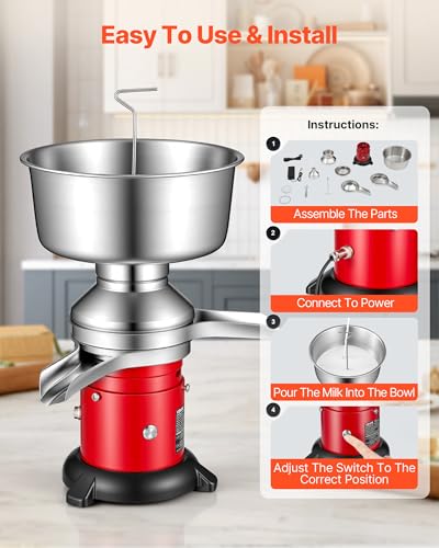 VEVOR Electric Milk Cream Separator, 60L/H Output 10500RPM Milk Cream Centrifugal Separator, 304 Stainless Steel Goat Cow Milk Skimmer Separating Machine with 4.5L Bowl Capacity (40W, 100-240V) - size: Round Base