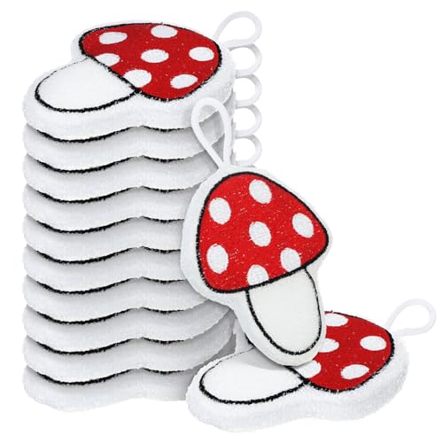 12 Pcs Red Mushroom Sponge Dish Scrubber Dual Sided Non Scratch Dish Washing Scrubbers Reusable Household Cleaning Kitchen Tools for Dishwashing Washing Dishes Cookware Tubs Sinks - style: Red Mushroom
