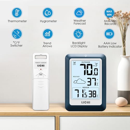 Indoor Outdoor Thermometer Wireless Weather Station, Internal External Thermometer Hygrometer, Home Batteryoperated Temperature Humiditymonitors330 Feet (About 100 Meters) Backlight Display (Blue) - color: Blue