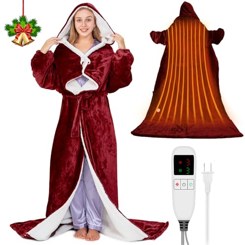 Wearable Heated Blanket Electric with Removable FootPocket,Snuggle Heated Blankets Hoodie with Sleeves Heated Robes for Women Flannel&Sherpa Heating Throw Blanket Shawl with 9 Temp for Winter 50"x80" - color: Burgundy, size: 50"×80"