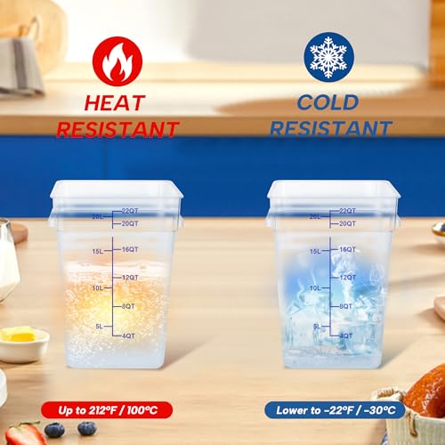 4 Pack 22QT Square Food Storage Containers with Lids | Clear NSF polycarbonate containers with scale, label and measuring cup, stackable for prep, storage, freezer. Dishwasher safe - color: 22Qt-New Version