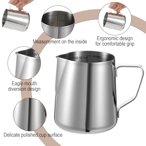 6 Pcs Milk Frothing Pitcher, Coffee Milk Frother Cup, 12oz Espresso Milks Frothing Pitcher with Measurement Marks, Stainless Steel Coffee Jug for Latte Art & Cappuccino, Silver