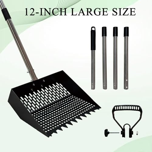 12Inch Chicken Poop Scooper 2-in-1 Coop Scoop with Adjustable Stainless Steel Handle (24-64'') Chicken Coop Rake Sand Sifting Chicken Coop Shovel for Farm Livestock Cleaning Tool