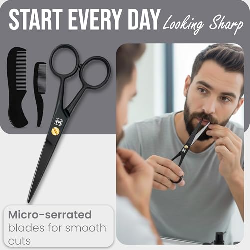 Beard & Mustache Scissors –5" Stainless Steel Grooming Kit with Case | Professional facial hair & beard trimming shear. Trims moustache, nose & eyebrows. Includes 2 mustache combs & travel pouch. - color: Black