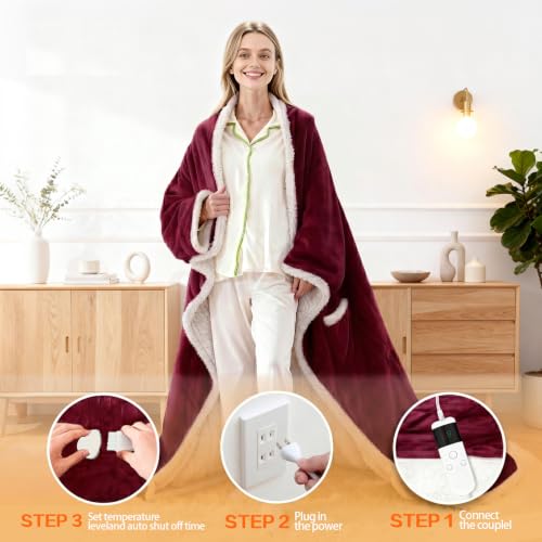 Wearable Heated Blanket With Sleeves & Foot Pocket, Heated Throw Blankets Fast Heating Blanket With 10 Heat Settings Auto Shut Off Over-Heat Protection-Warm Gift, Machine Washable, 52”*72”+18” - color: Red