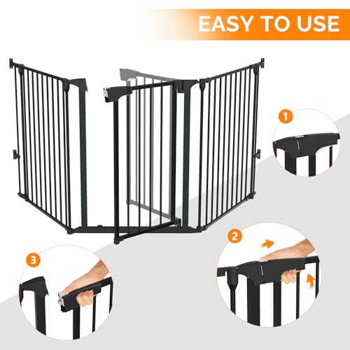 Bonnlo Baby Safety Gate, 82-Inch Configurable Walk-Through Fence for Toddler/Pet/Dog/Cat/Puppy, Adjustable Metal Barrier for Fireplace/Stairs/Doorways - color: Black, style: 74 InchL x 29 InchH(3-Panel)