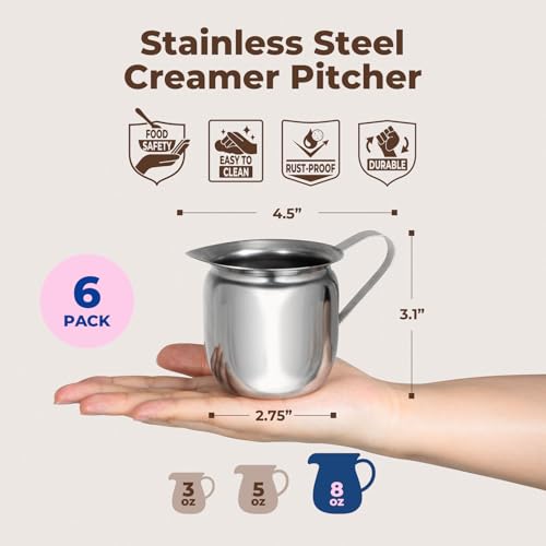 Fit Meal Prep [6 Pack] 8 oz Creamer Pitcher - Stainless Steel Bell Creamers, Mini Cup Container for Serving Milk, Coffee Cream, Salad Dressing, Maple Syrup, Espresso Machine for Restaurant, Cafes - size: 8 oz