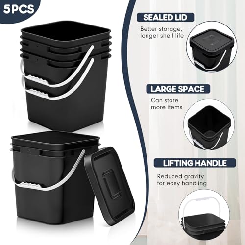Mumufy 5 Pcs 3.5 Gallon Square Food Grade Bucket with Lid Square Bucket Pail Plastic Handles for Long Term Food Storage, Camping, Fishing, Home Organization Easy Stack and Store (Black) - color: Black