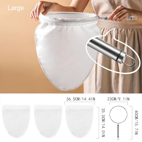 FATCAT Fine Mesh Cheese Cloth, Fine Mesh Strainer Bags, Nut Milk Bag L | Nut Milk Bag with Stainless Steel Handle, Cheesecloth for Straining, Turkey, Cooking, Cheese, NutMilk, Juices, S - color: Handle*1+Strainer Bag*3, size: L