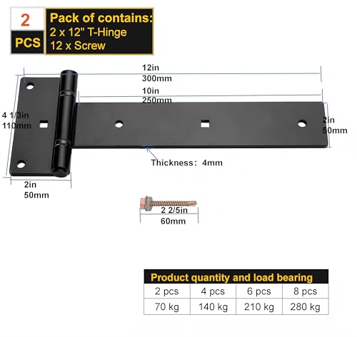 12 Inch Heavy Duty T Strap Hinges (2-Pcs), 4mm Thickened Solid Steel | Black Tee Hinges With Screws,180° Open,Rustproof for Outdoor Wooden Fence Gates, Shed,Barn Door & Farm Gate Hardware (Patent) - size: Middle