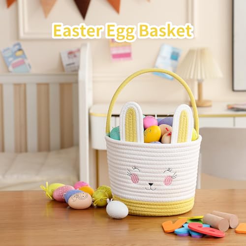 Easter Baskets for Easter Egg with Handle Woven Empty Hunt Boys' Lovely Bunny Rabbit Colorful Woven Basket First Easter Gifts for Boys, Babies, Kids, and Children (Yellow) - color: Yellow