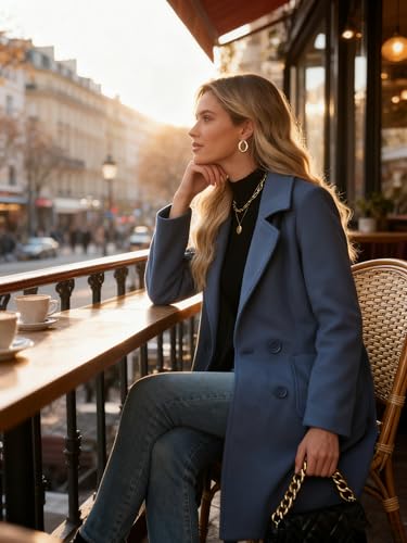 Women Winter Wool Blend Camel Mid-Long Coat Notch Double-Breasted Lapel Jacket Outwear - color: Blue, size: X-Large