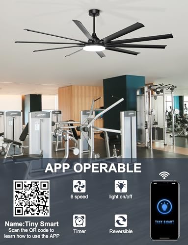 Ohniyou 96" Industrial Ceiling Fan with Bright Lights, High CFM Shop Fan | Remote/App Control, 10 Aluminum Blades, Extra Large Metal Fan for Covered Patio, Gym, Warehouse, Black - color: Black, style: With Light