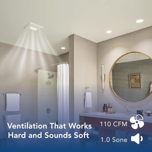 Broan-NuTone Bathroom Exhaust Fan with LED Light and Roomside Installation, Energy Star Certified, 110 CFM, Very Quiet 1.0 Sones White, AE110L | 1.0 Sones, ENERGY STAR Ceiling Exhaust Bath Fan for Moisture Removal & Quiet Bathroom Ventilation - size: 110