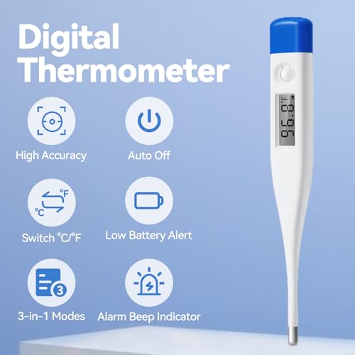 Berrcom Digital Thermometer for Adults, Kids, Babies, Oral Rectal Underarm | Medical Thermometer with Fever Alarm, C/F Switchable, Body Temperature, Fast Read, Oral in Mouth, Rectal, Under Arm Use - color: Light Blue