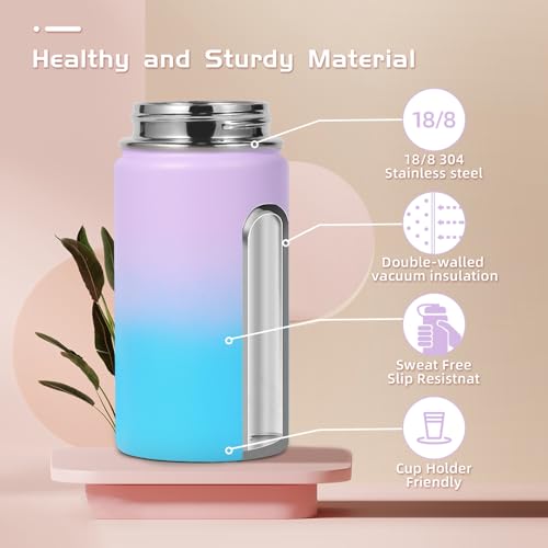 Volhoply 14oz KIds Stainless Steel Insulated Leakproof Water Bottle with Straw Lid and Silicone Boot,BPA-Free Easy Use for Boys&Girls,Double Wall Vacuum Bottles(Lavender Blue,1) - color: Lavender Blue