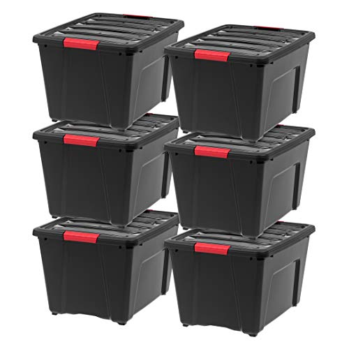 IRIS USA 6-Pack 54 Quart Storage Bins with Lids, Black | Black finish conceals stored items. Perfect for moving, blankets, clothing, and garage storage. Nestable design saves space - size: 54 Qt, style: 6 Pack