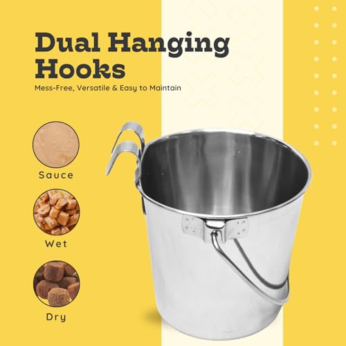6 quart Stainless Steel Flat Sided Bucket with Dual Hooks | 1.5 gal Durable Food & Water Bowl for XL Dog Goat Sheep & Livestock | Fits kennel Cage Critter Crate | Hanging Utility Pet Pail - size: 6 Quart