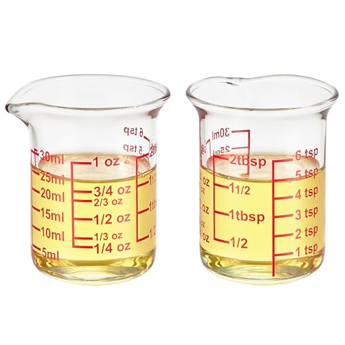 Ackers BORO3.3 Glass Measuring Cups with V-Spouts, 30 ml/1 oz, 2 Pack | Borosilicate glass with printed ml, oz, tbsp and tsp scales for cooking, baking and cocktail preparation - size: 30 ML/1 OZ(Pack of 2)