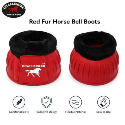 CHALLENGER Horse Training Ribbed Rubber Hoof Impact Overreach Protection Fleece Lined Bell Boots 41HI01 - color: Red, size: X-Large