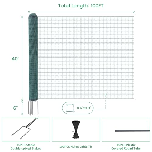 Non Electric Fence Netting 40" x100', Boundary Fence with Double Spiked Posts, Portable Poultry Fencing for Dogs, Chickens, Ducks, Turkeys Backyard Garden Farm