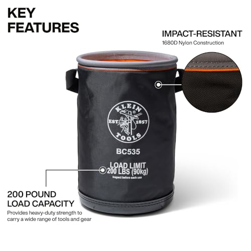 Klein Tools BC535 Straight Bucket, 17-Inch Utility Bucket, 200-Pound Load, 1680D Nylon, Drain Holes, Reinforced Straps, Hi-Vis Orange Interior - size: Nylon, 200-Pound Load
