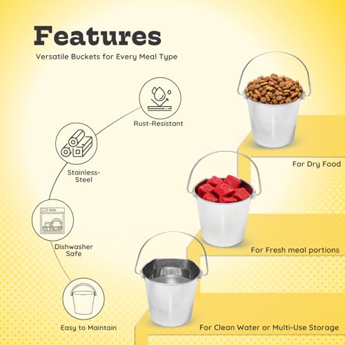 6 Quart Stainless Steel Flat Side Bucket – 1.5 Gallon Heavy Duty Hanging Dog Water Buckets for Kennels & Cages – Flat Back Food & Water Feeding Pail for Livestock, Goats, Sheep & Horses - size: 6 Quarts