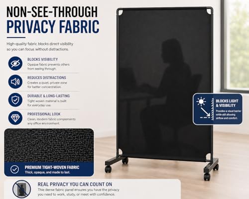 Rolling Room Divider with Wheels, Portable Privacy Screen Partition Wall, Freestanding Office Divider Panel, Non-See-Through Fabric, Locking Casters for Office Home Classroom Clinic, 50" W x 71" H - color: Black
