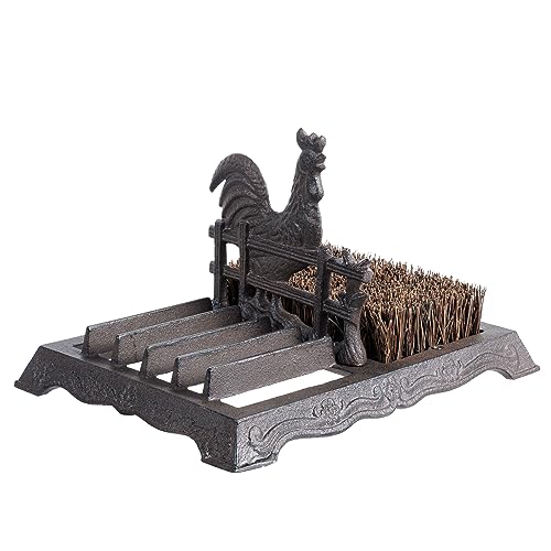 FARM IN Farmhouse Shoe Brush Scraper Outdoor Rustic Heavy Duty Cast Iron Boot Scraper with Brush for Home Porch Garden with Barn Rooster Design