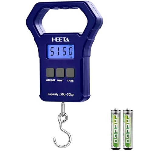 HEETA Fish Scale 110lb/50kg Digital Hanging Fishing Luggage Weight Scale | Portable with Backlit LCD Display, Hook & Non-Slip Large ABS Handle, Fishing Gifts Gear for Men, 2 AAA Batteries Included - color: Blue