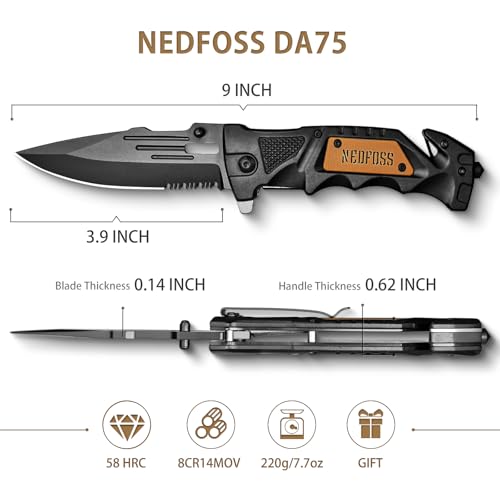 NedFoss Pocket Folding Knife Gift for Men DA75, 3 in 1 Pocket Knife for Men | 3.9” Serrated Blade, Survival Knife with Liner-Lock Belt Clip, Seat Belt Cutter, Glass Breaker, Tacical Gear, Hunting knife - color: Black-Serrated Blade