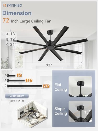 ZMISHIBO 72 Inch Ceiling Fan without Light, 8 Aluminum Reversible Blades | Industrial-Grade, DC Motor, Damp Rated, 6 Speeds, Remote Control, 3 Downrods, Flat/Sloped Ceiling, Living Room, Patio, Gym - color: Black, size: 72inch