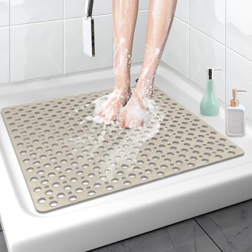 Square Shower Mat Non Slip, 27" x 27" Large Shower Mats for Inside Shower, Soft TPE Shower Floor Mat with Suction Cups and Big Drain Holes, Anti Slip Shower Stall Matt, Khaki - color: Khaki