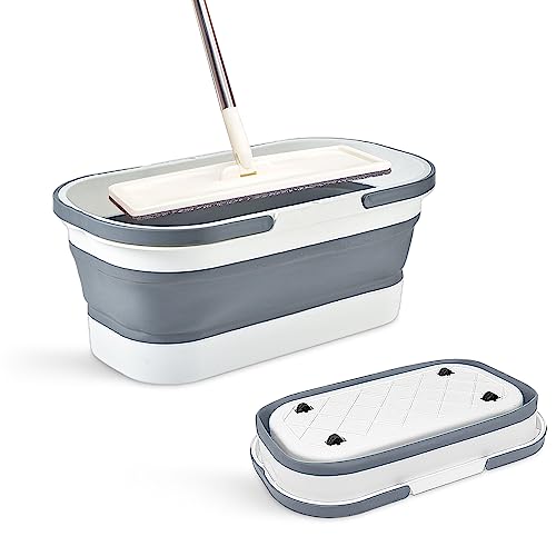 Goderewild Collapsible Plastic Bucket with Wheels 12L (3.17 Gallon) for House Cleaning, Camping, and RV - Multi-Purpose Rectangular Handy Basket for Cleaning Mop - Lightweight and Portable (Grey) - color: 12l-grey