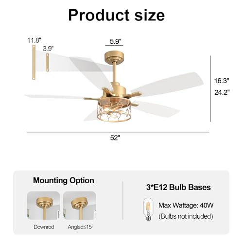 52 Inch White and Gold Ceiling Fan with Lights Modern Fandelier | Industrial Caged Fandalier, Farmhouse Rustic Chandelier Light for Living Room Bedroom, Reversible 6 Speeds, Remote Control - color: Gold, size: 52 Inch