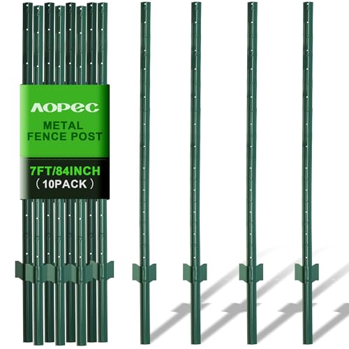 Fence Post 7 Feet / 84 Inch, Pack of 10, Heavy Duty Metal Fence Posts, No Dig U Post with U-Channel, Adjustable Tabs & Anchor Plate, Rust-Proof Steel Fence Stakes for Garden, Farm, Lawn, Poultry - size: 7 Feet