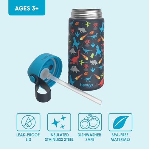 Bentgo Kids Stainless Steel Water Bottle, Leak-Proof, 14 oz, Bite & Sip | Vacuum Insulated, 18/8 Stainless Steel, 12-Hour Cold, Dishwasher Safe, BPA-Free (Dinosaur) - color: Dinosaur