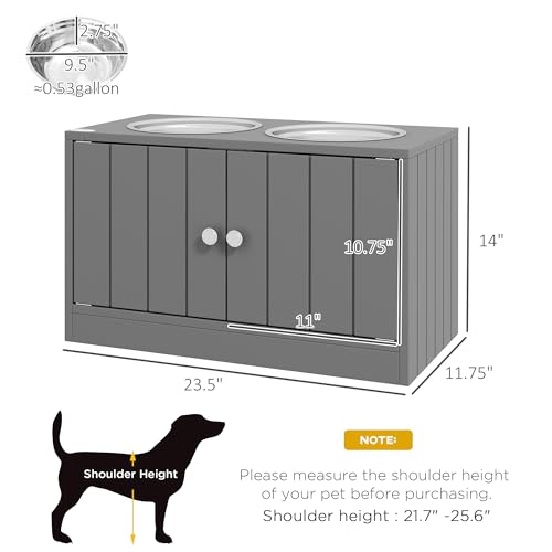 PawHut Large Elevated Dog Bowls with Storage Cabinet 44L Capacity Gray | Raised Dog Bowl Stand, Pet Feeding Station - color: Gray