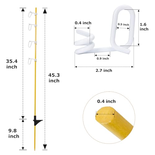 45.3 in Electric Fence Posts, Fiberglass Fence Posts with Adjustable 4 Pigtail insulators Hold Poly Wire Rope and 40mm Tape, for Temporary Electric Fencing, Farm Livestock, Garden-50pcs
