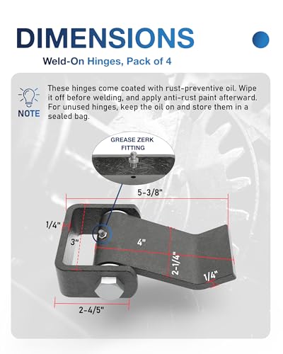 Weld on Trailer Hinges (Pack of 4), Steel Trailer Gate/Dump Door Hinges | Heavy-Duty Greaseable Strap Hinges, Strap Style Short Leaf