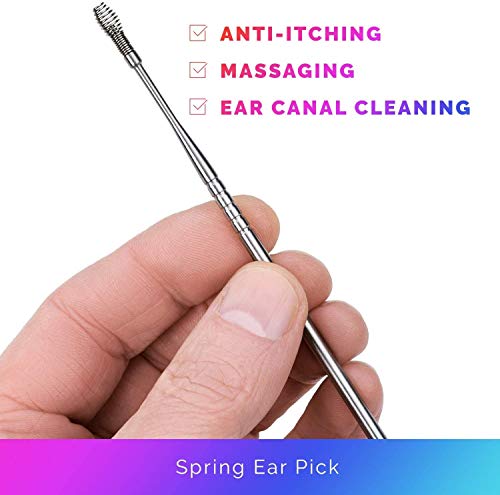 Stainless Steel Ear Curette Cleansing Kit - 6 Piece Set with Spiral Spring Pick Unclogger, Thorough Ear Wax Removal and Storage Case